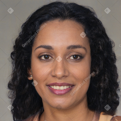 Joyful latino young-adult female with long  brown hair and brown eyes