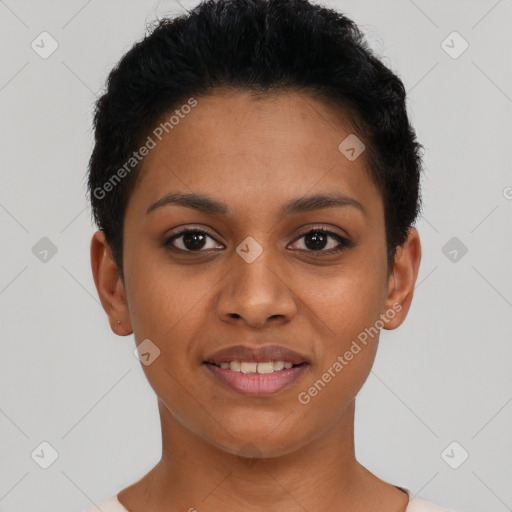 Joyful latino young-adult female with short  black hair and brown eyes