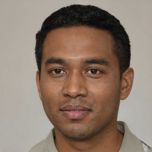 Neutral black young-adult male with short  black hair and brown eyes