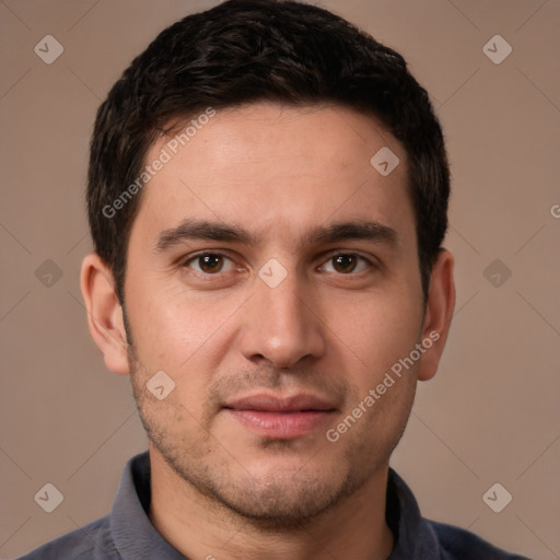 Neutral white young-adult male with short  brown hair and brown eyes