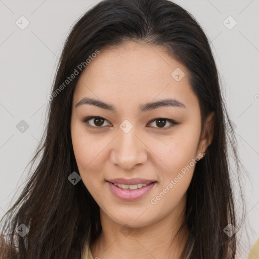 Joyful asian young-adult female with long  brown hair and brown eyes