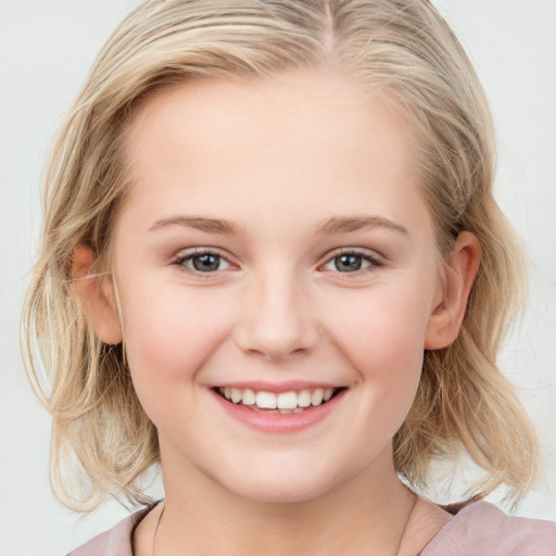 Joyful white child female with medium  blond hair and blue eyes