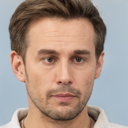 Neutral white adult male with short  brown hair and brown eyes