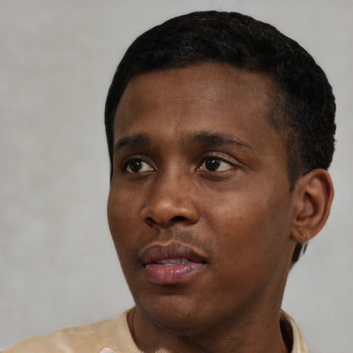 Neutral black young-adult male with short  black hair and brown eyes