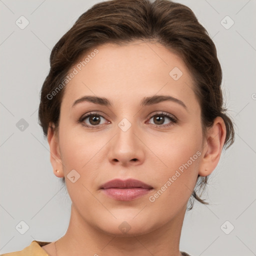 Neutral white young-adult female with short  brown hair and brown eyes