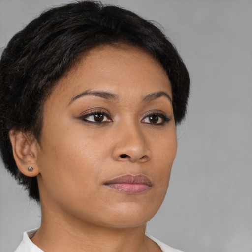 Neutral asian young-adult female with short  brown hair and brown eyes