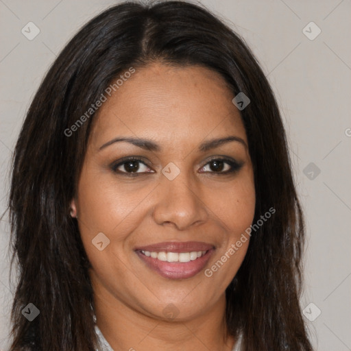 Joyful latino young-adult female with long  brown hair and brown eyes