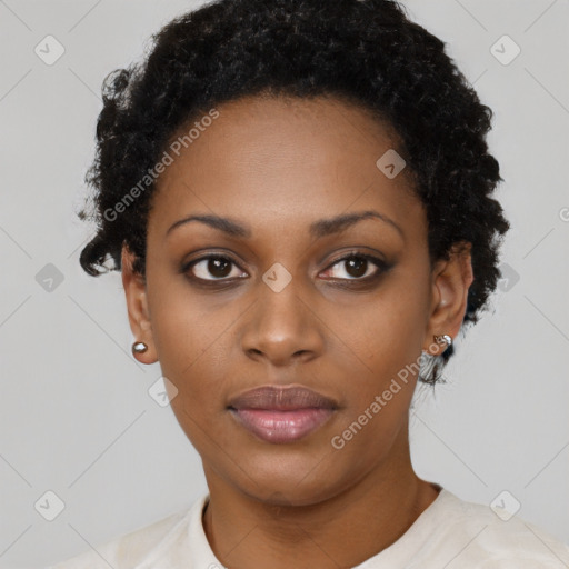 Neutral black young-adult female with short  black hair and brown eyes