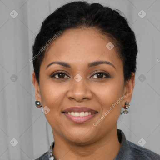 Joyful latino young-adult female with short  brown hair and brown eyes