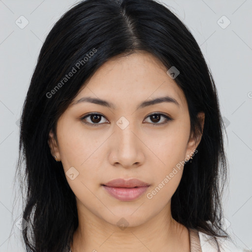 Neutral asian young-adult female with long  black hair and brown eyes