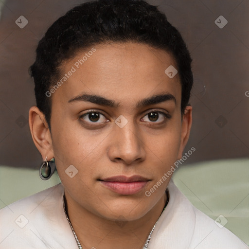 Neutral latino young-adult female with short  brown hair and brown eyes