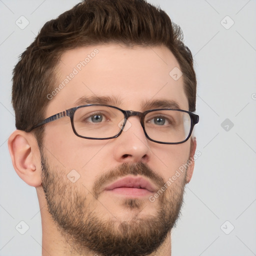 Neutral white young-adult male with short  brown hair and grey eyes