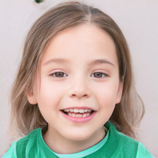 Joyful white child female with medium  brown hair and grey eyes