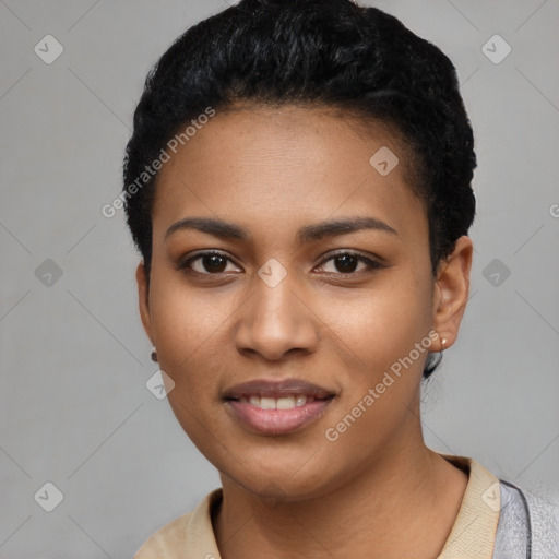 Joyful latino young-adult female with short  black hair and brown eyes