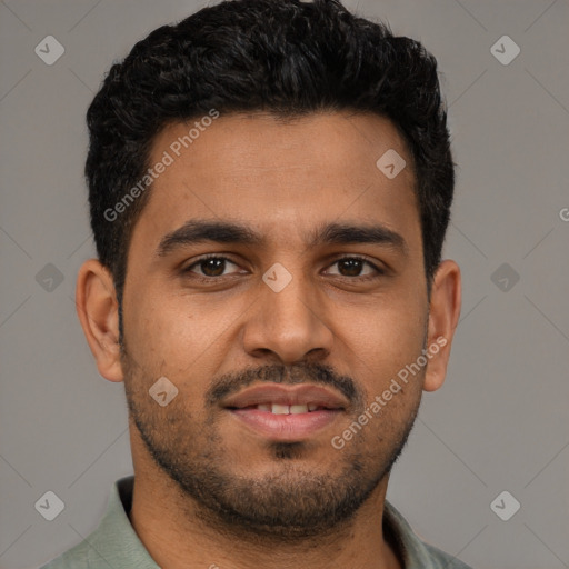 Joyful latino young-adult male with short  brown hair and brown eyes