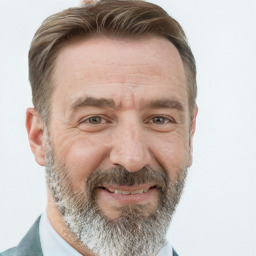 Joyful white adult male with short  brown hair and grey eyes