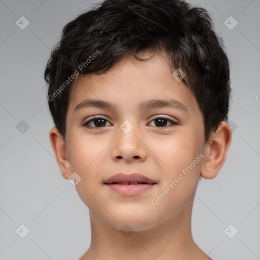 Joyful white child male with short  brown hair and brown eyes