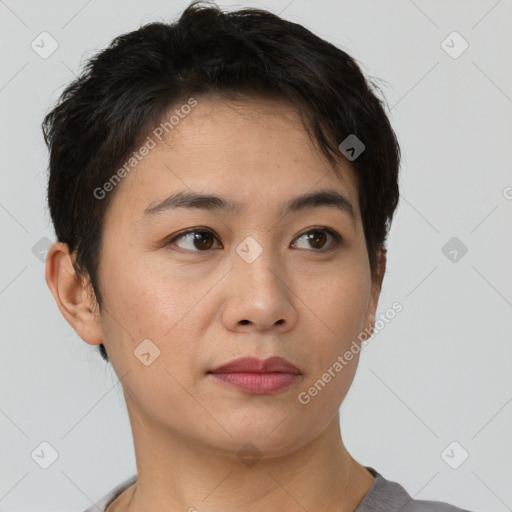 Neutral asian young-adult female with short  brown hair and brown eyes