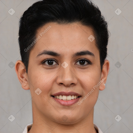 Joyful latino young-adult female with short  brown hair and brown eyes