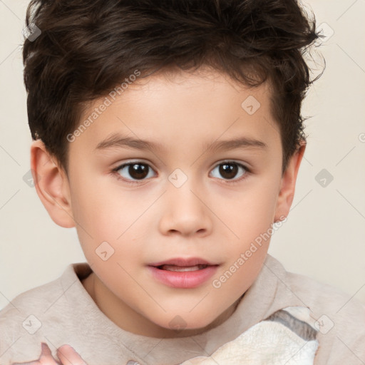 Joyful white child female with short  brown hair and brown eyes