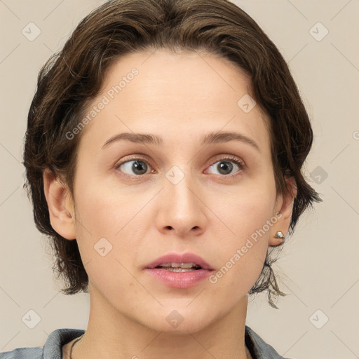 Neutral white young-adult female with medium  brown hair and brown eyes