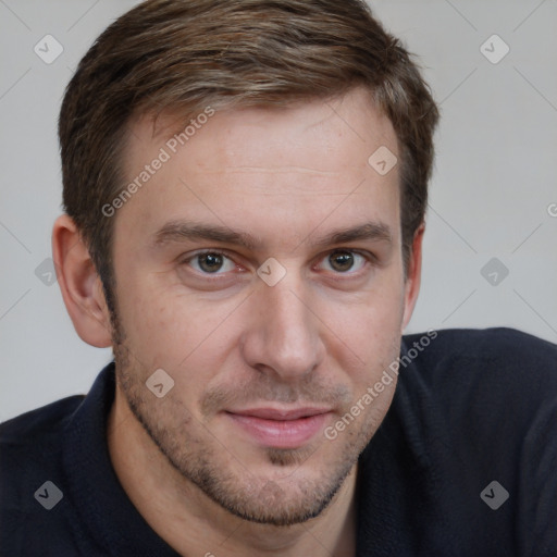 Neutral white young-adult male with short  brown hair and grey eyes