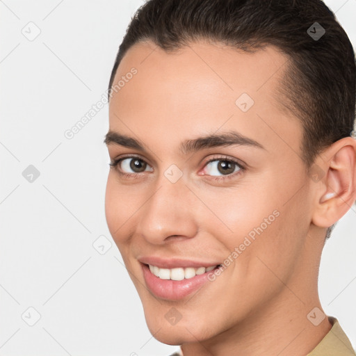 Joyful white young-adult female with short  brown hair and brown eyes