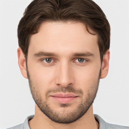 Neutral white young-adult male with short  brown hair and brown eyes