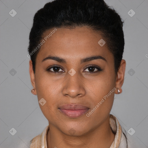 Neutral black young-adult female with short  brown hair and brown eyes