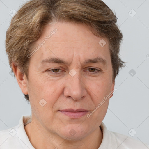 Joyful white middle-aged male with short  brown hair and brown eyes