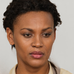 Neutral black young-adult female with short  brown hair and brown eyes