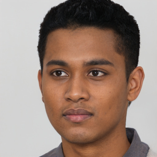Neutral black young-adult male with short  black hair and brown eyes