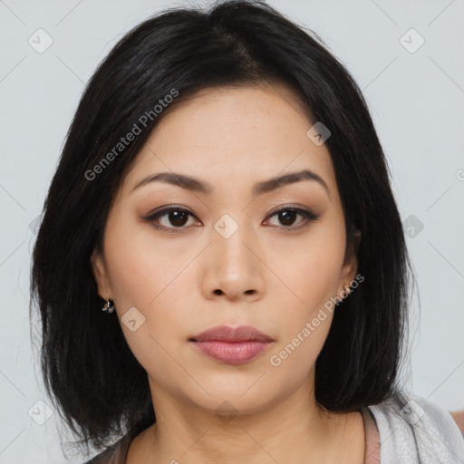 Neutral asian young-adult female with medium  black hair and brown eyes