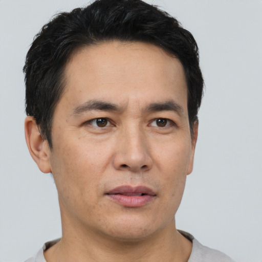 Neutral asian adult male with short  black hair and brown eyes
