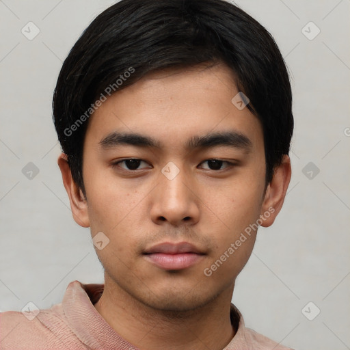 Neutral asian young-adult male with short  black hair and brown eyes