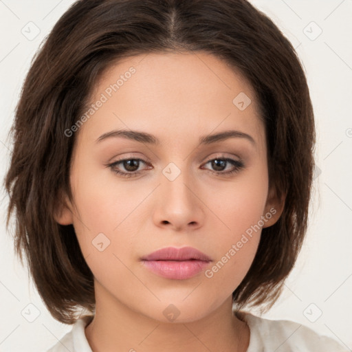 Neutral white young-adult female with medium  brown hair and brown eyes