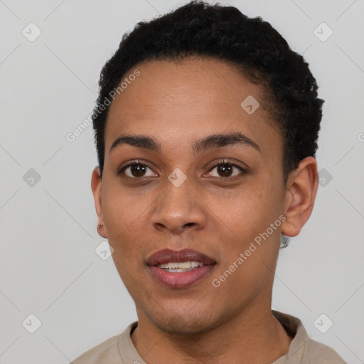 Joyful latino young-adult female with short  black hair and brown eyes