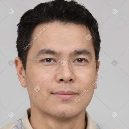 Neutral asian young-adult male with short  brown hair and brown eyes