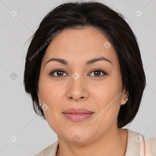 Joyful white adult female with medium  brown hair and brown eyes