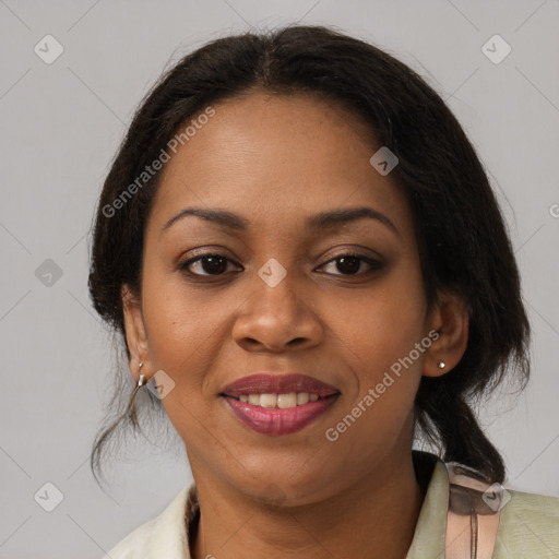 Joyful latino young-adult female with medium  brown hair and brown eyes