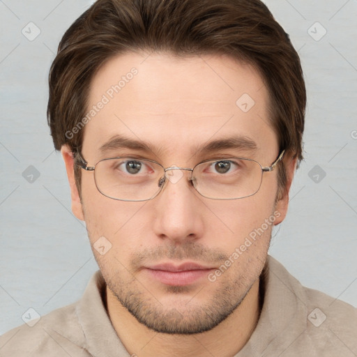 Neutral white adult male with short  brown hair and grey eyes