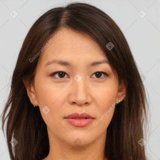 Neutral asian young-adult female with medium  brown hair and brown eyes