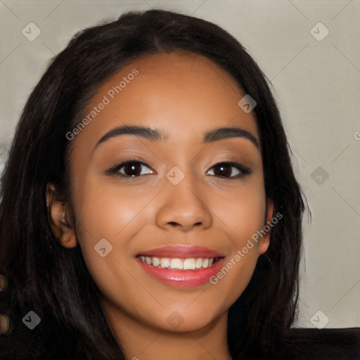 Joyful latino young-adult female with long  black hair and brown eyes