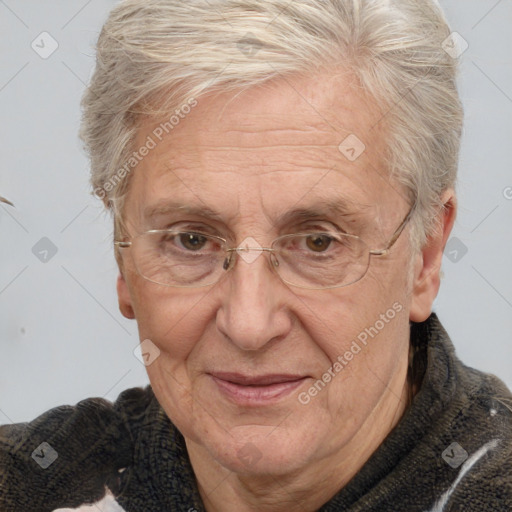 Joyful white middle-aged female with medium  brown hair and brown eyes