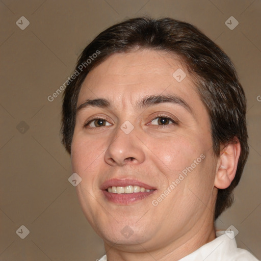 Joyful white adult male with medium  brown hair and brown eyes