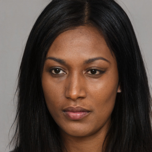 Neutral asian young-adult female with long  black hair and brown eyes