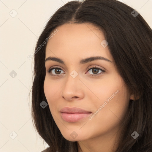 Neutral white young-adult female with long  brown hair and brown eyes