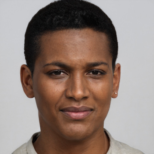 Joyful black young-adult female with short  black hair and brown eyes