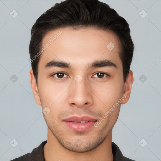 Neutral white young-adult male with short  brown hair and brown eyes