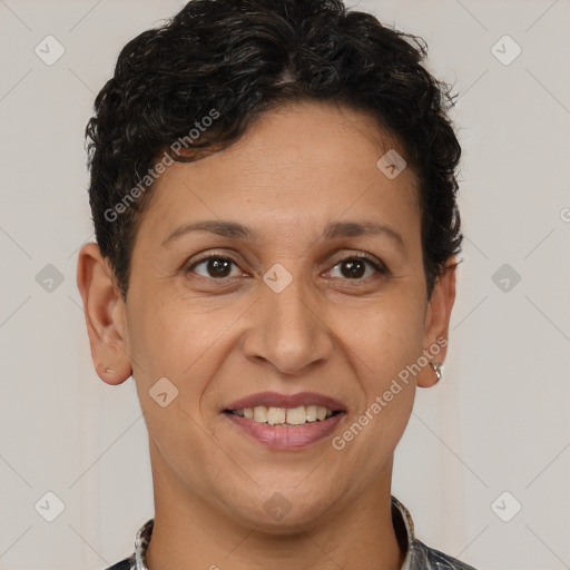 Joyful white adult female with short  brown hair and brown eyes